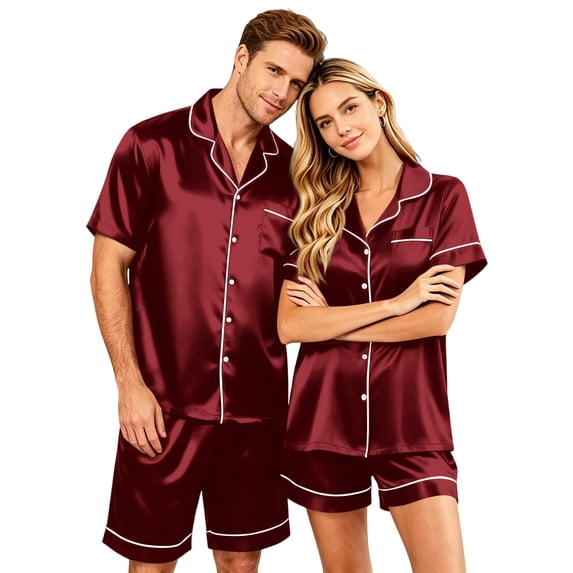 Garbnen Silk Matching Pajama Set for Couples 2 Piece Short Sleeve Button Down Sleepwear Pjs Shorts Set Comfy 2 Piece Loungewear Sets Woman XXXL