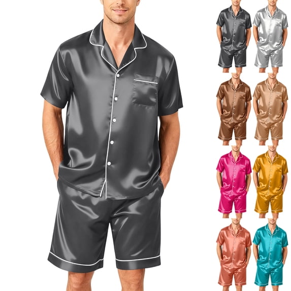 Garbnen Silk Mens Shorts Pajamas Set 2 Piece Short Sleeve Button Down Sleepwear Pjs Shorts Set Comfy Mens Loungewear Sets Shorts Green XXXL