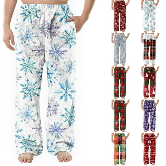 Garbnen Snowflake Mens Pj Pants Flannel Winter Fluffy Fleece Men's Sleep Pants with Pockets Wide Leg Elastic Band Lounge Pj Bottoms for Men