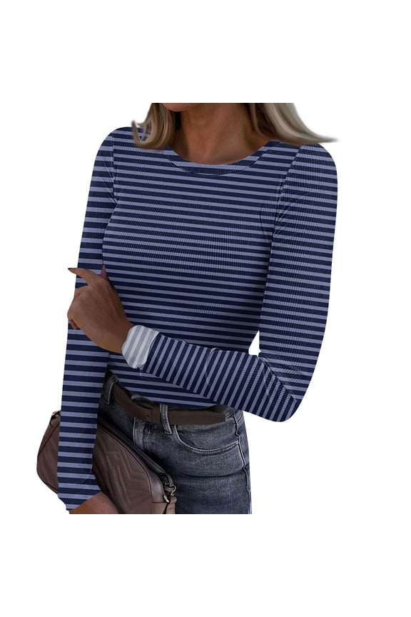 Striped Long Sleeve Tops for Women Ribbed Knit Crew Neck Fitted Women Under Shirts Basic Stretch Color Block Fall Winter Fashion Tunic Tops for Women Blue S
