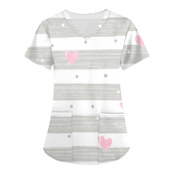 Garbnen Striped Love Heart Print Valentines Scrub Top Short Sleeve V Neck Stretch Nursing Scrubs for Women with Pocket Womens Tops Workwear Plus Size S-5XL