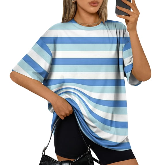 Garbnen Striped Oversize Tshirt Women Plus Size Crew Neck Women's Short Sleeve Tops Loose Fit Color Block Lightweight Trendy Tunic Tops Blue XL