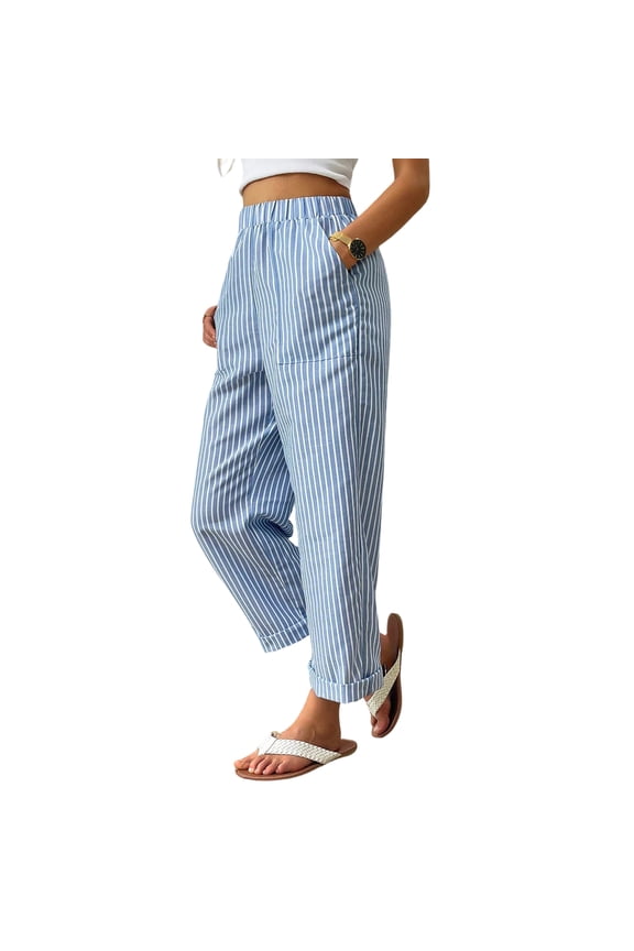 Striped Pants for Women Wide Leg Womens Palazzo Pants Casual Elastic Waist Lightweight Summer Outdoor Trouser Pants Women with Pockets Blue L