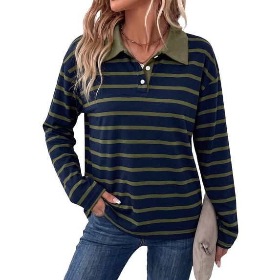Garbnen Striped Polo Shirts for Women Color Block Buttons Collared Basic Long Sleeve Shirts for Women Relaxed Fit Basic Fall Winter Women Golf Shirts