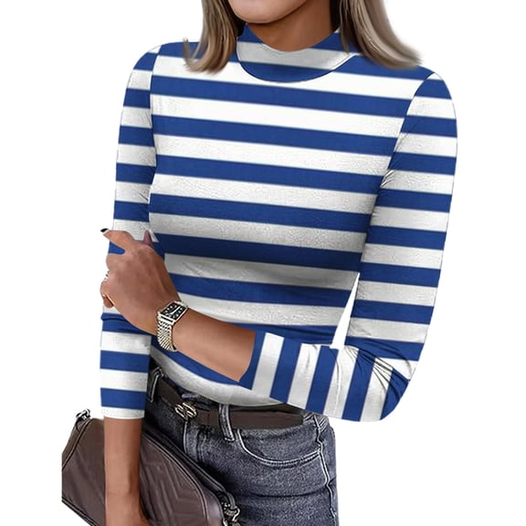 Garbnen Striped Tshirt Women Women's Tops 3/4 Sleeve Color Block Mock Neck Shirts Fitted Stretch Basic Tops for Women