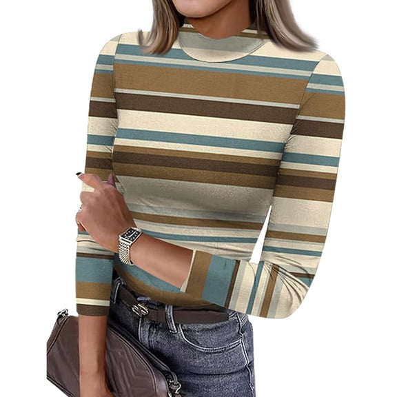 Garbnen Striped Tshirt Women Womens 3/4 Sleeve Top Mock Neck Color Block Shirts Slim Fit Stretch Womens Basics Tops