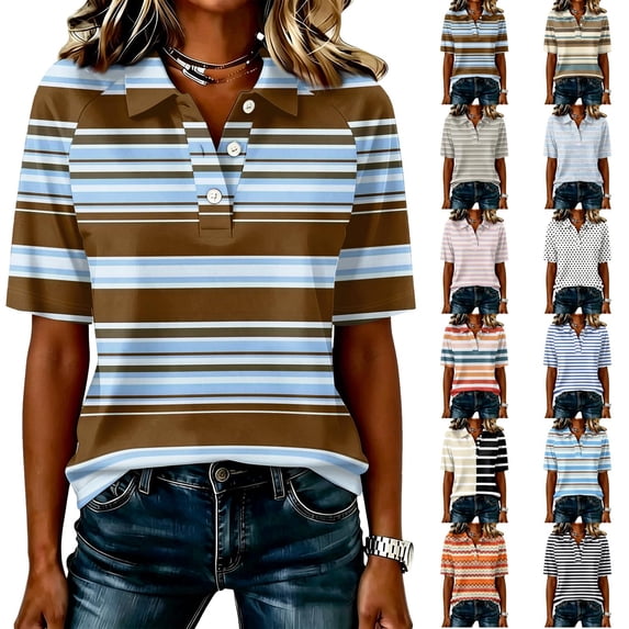 Garbnen Striped Women's Polo Shirts Raglan Collared Henley Women Short Sleeve Shirts Color Block Casual Dressy Business Women's Golf Shirt L