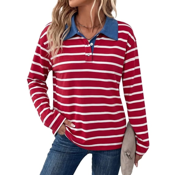 Garbnen Striped Womens Polo Shirts Color Block Buttons Collared Basic Long Sleeve Shirts for Women Relaxed Fit Basic Fall Winter Women Golf Shirts
