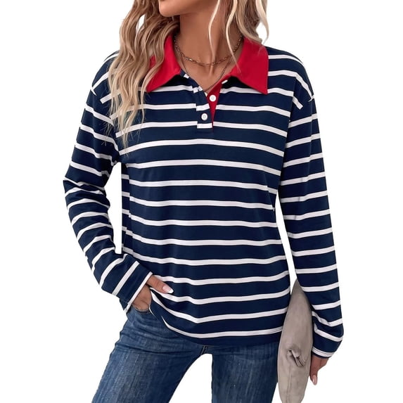 Garbnen Striped Womens Polo Shirts Color Block Buttons Collared Womens Long Sleeve Shirts Relaxed Fit Basic Fall Winter Women Golf Shirts