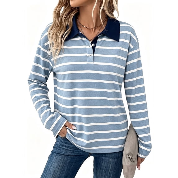Garbnen Striped Womens Polo Shirts Color Block Buttons Collared Womens Long Sleeve T Shirts Relaxed Fit Basic Fall Winter Womens Golf Shirts