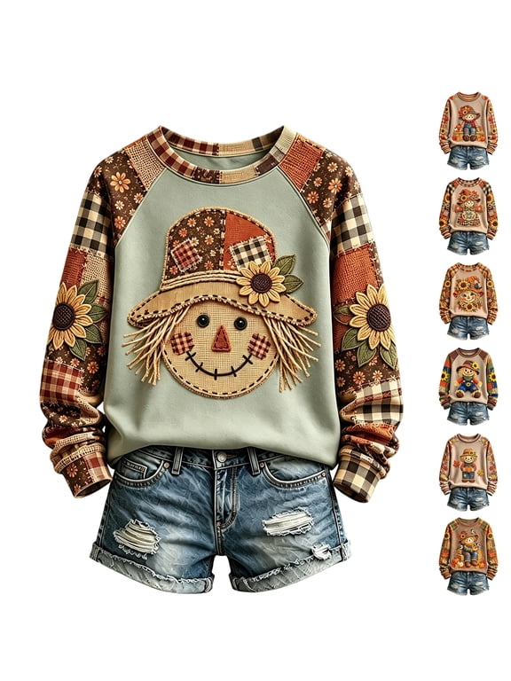 Sunflower Plaid Women Sweatshirt Color Block Patchwork Long Sleeve Graphic Crew Neck Sweatshirts Women Vintage Warm Fall Holiday Women's Pullover Sweaters