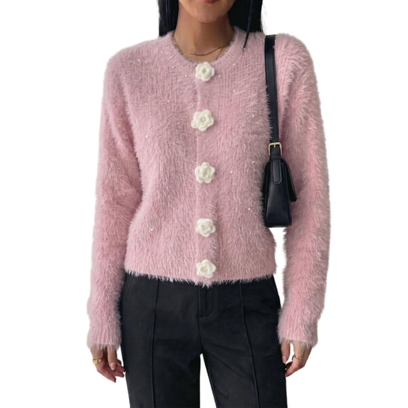 Garbnen Sweater Cardigan Women Floral Button Long Sleeve Open Front Womens Cardigans Lightweight Crew Neck Fashion Fall Winter Outwear Pink Cardigan for Women Knit Jacket M