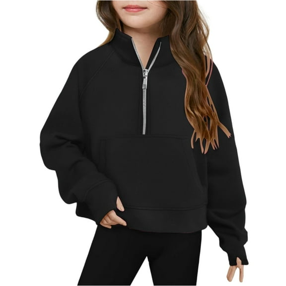 Garbnen Sweatshirts for Teen Girls Half Zipper Solid Fleece Cute Sweaters for Teen Girls with Pockets Fall Winter Long Sleeve Preppy Clothing for Teen Girls Thumb Hole 9-10 Years