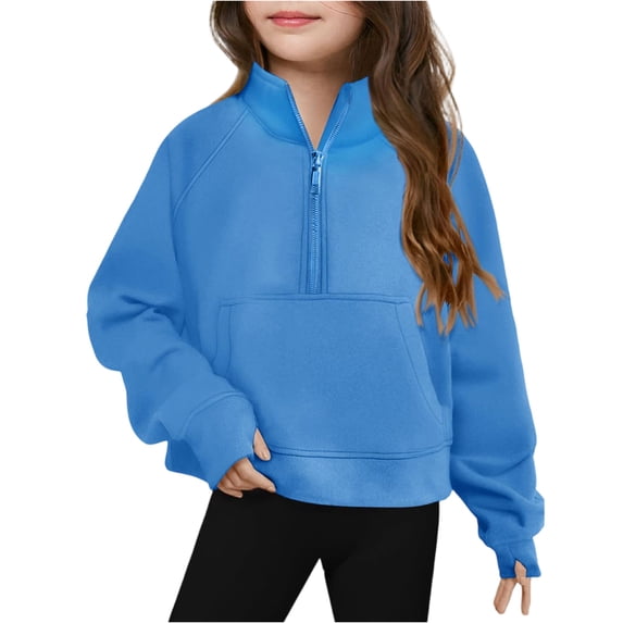 Garbnen Sweatshirts for Teen Girls Half Zipper Solid Fleece Pullover Tops Kids with Kangaroo Pockets Fall Winter Long Sleeve Preppy Cute Clothes for Teen Girls Thumb Hole 13-14 Years