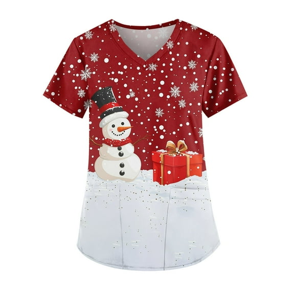 Garbnen Thanksgiving Scrub Tops Funny Xmas Printed V Neck Short Sleeve Fall Scrubs for Women Nursing Tops with Pocket S-5XL
