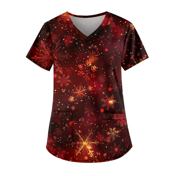 Garbnen Thanksgiving Scrub Tops Funny Xmas Printed V Neck Short Sleeve Fall Scrubs for Women Tops Nurse Uniforms with Pocket S-5XL