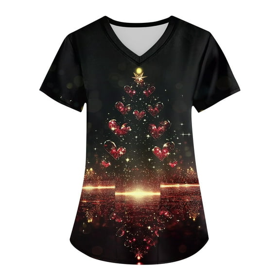 Garbnen Thanksgiving Scrub Tops Women Funny Xmas Printed V Neck Short Sleeve Fall Scrub Tops for Women Fitted Nurse Uniforms with Pocket S-5XL