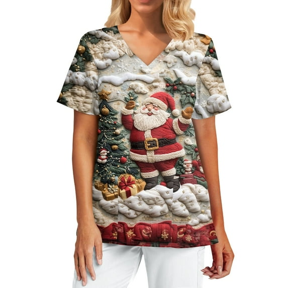 Garbnen Thanksgiving Scrub Tops Women Funny Xmas Printed V Neck Short Sleeve Fall Women's Scrub Tops Nurse Uniforms with Pocket S-5XL