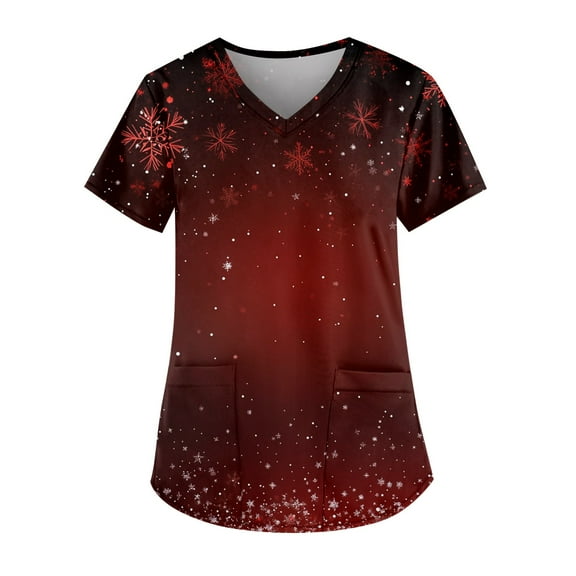 Garbnen Thanksgiving Scrub Tops Women Funny Xmas Printed V Neck Short Sleeve Fall Womens Scrubs Top Workwear Nurse Uniform with Pocket S-5XL
