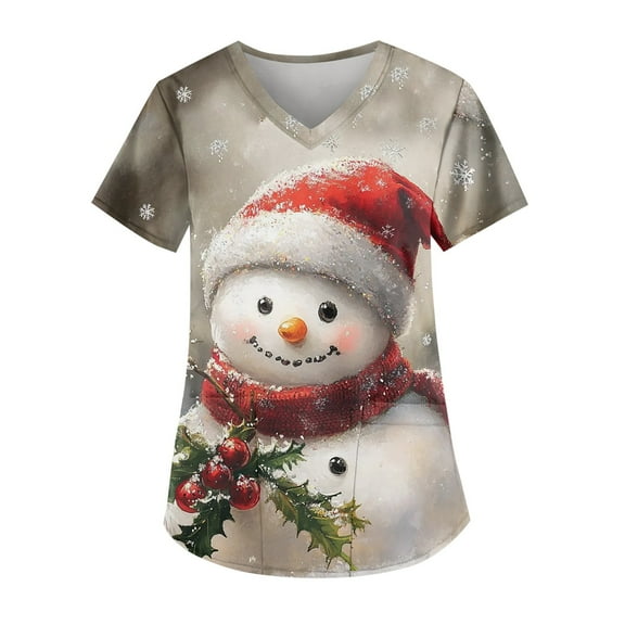 Garbnen Thanksgiving Scrubs Tops for Women Funny Xmas Printed V Neck Short Sleeve Fall Women's Scrub Tops Nurse Uniform with Pocket S-5XL