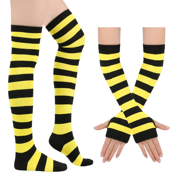 Garbnen Thigh Highs Stockings and Fingerless Arm Warmers 2 Pieces Set Striped Comfortable Lightweight Outfit for Halloween and Daily Wear