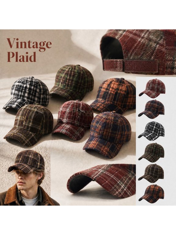 Unisex Fall Winter Vintage Plaid Baseball Cap, Curved Brim Adjustable Back Strap Dad Hat, Soft Thick Fabric Daily Outdoor Cold Weather Hat For Women Men Wine