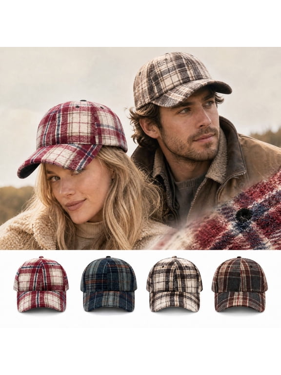 Unisex Fall Winter Vintage Plaid Baseball Cap, Curved Brim Adjustable Back Strap Dad Hat, Soft Thick Fabric Daily Outdoor Hat For Women Men Wine