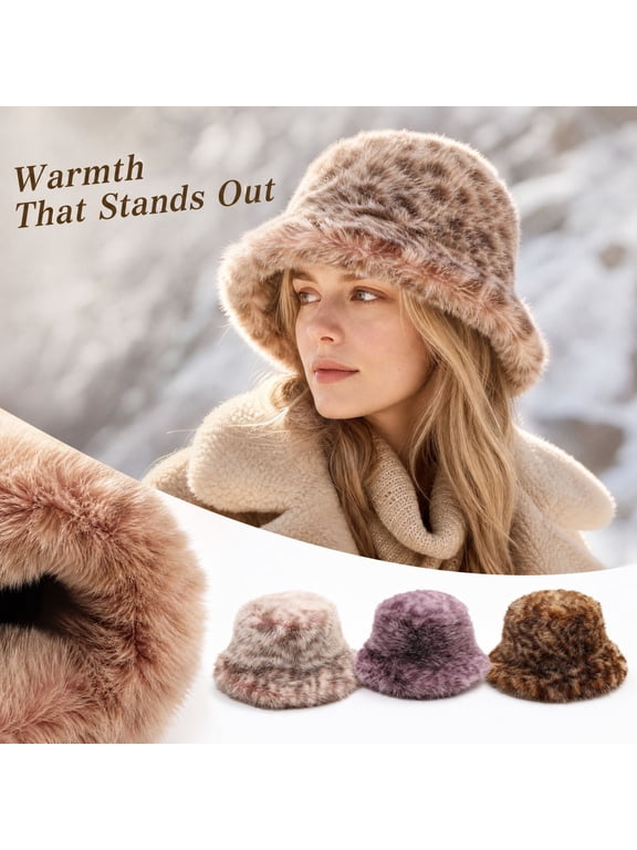 Unisex Winter Animal Print Fluffy Bucket Hat with Ear Flaps, Thick Plush Fisherman Cap, Soft Furry Warm Snow Hat for Outdoor Ski Cold Weather Daily Wear Light Purple
