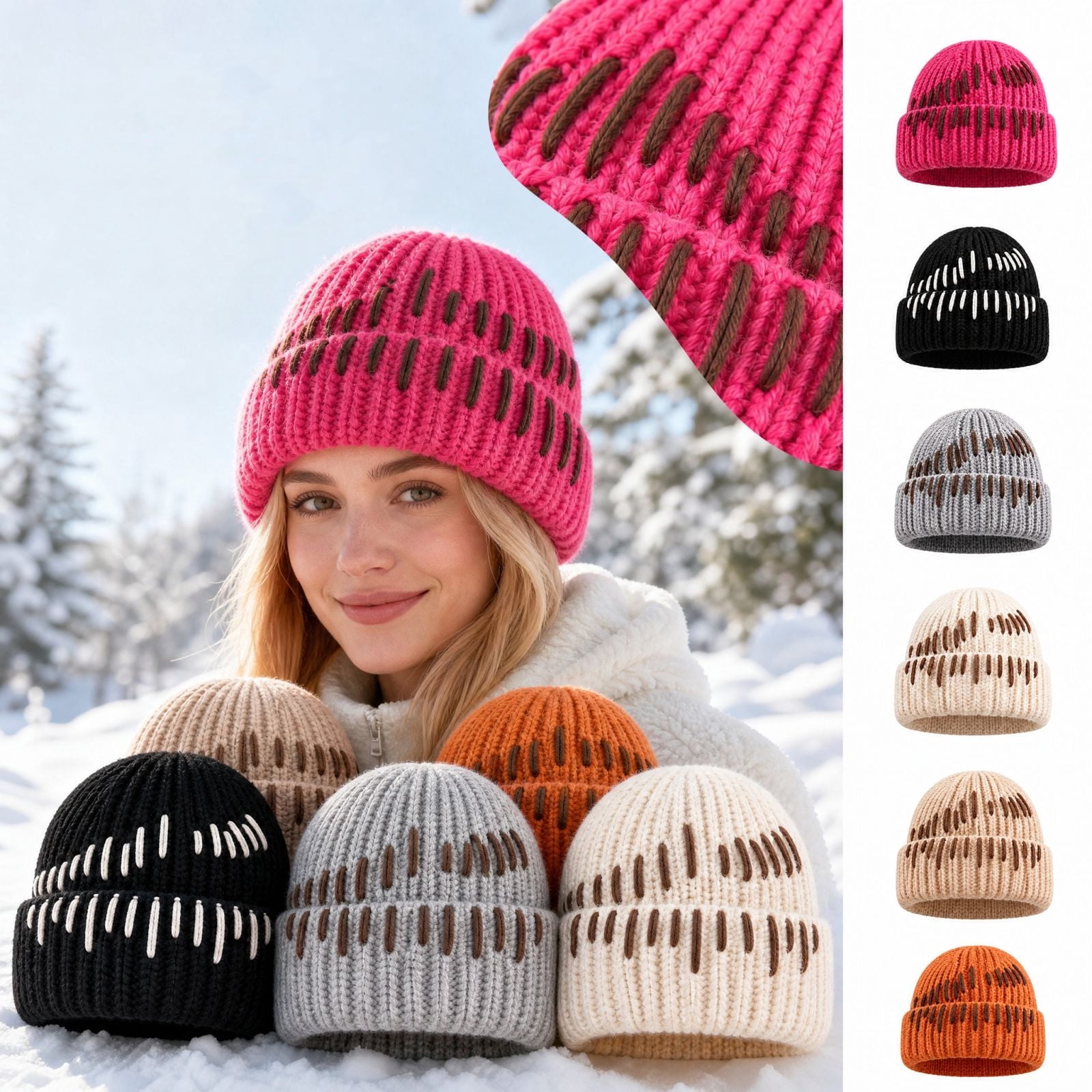 Garbnen Unisex Winter Color Block Line Ribbed Knit Beanie Hat, Cuffed ...