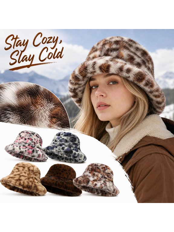 Unisex Winter Leopard Print Fluffy Bucket Hat with Ear Flaps, Thick Plush Fisherman Cap, Soft Furry Warm Snow Hat for Outdoor Ski Cold Weather Daily Wear Pink