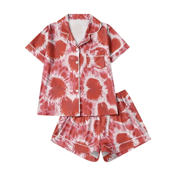 Garbnen Valentine 2 Piece Pajama Sets for Women Love Print Button Short Sleeve Tops and Shorts Two Piece Outfits Soft