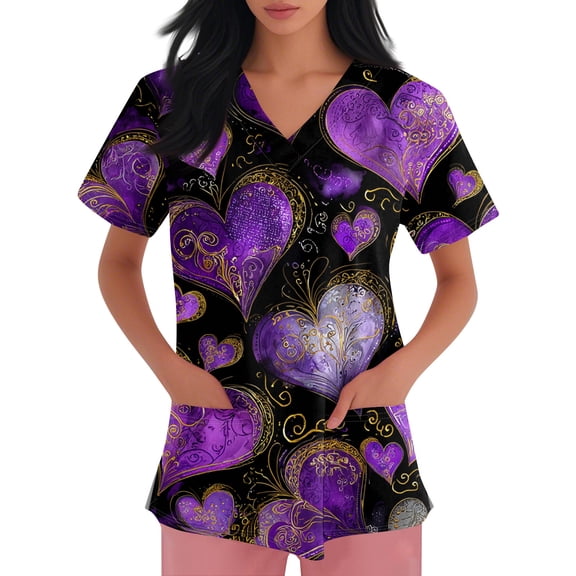Garbnen Valentine Day Scrub Tops for Women Love Heart Graphic Short Sleeve V Neck Spring Womens Tops Workwear Scrubs for Women with Pocket S-5XL