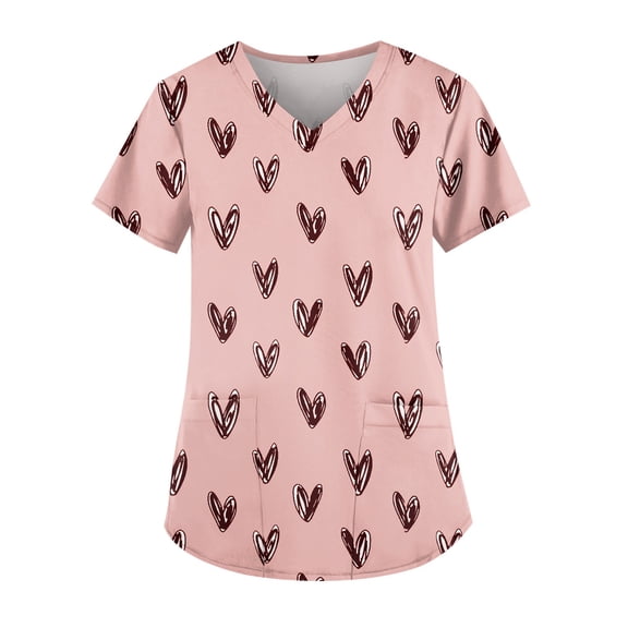 Garbnen Valentine Day Scrubs Plus Size Love Heart Print Short Sleeve Scrubs Women with Pocket Stretch V Neck Womens Tops Work Fall S-5XL