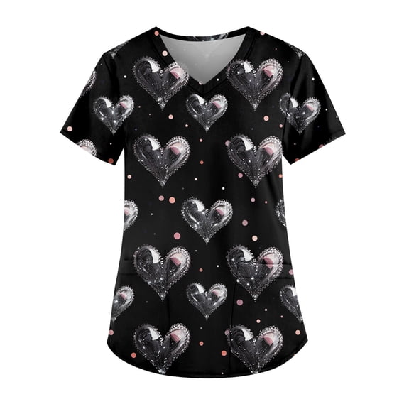 Garbnen Valentine Day Scrubs for Women Women Workwear Short Sleeve V Neck Heart Printed Nursing Uniform with Pockets