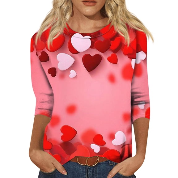 Garbnen Valentine Day Tops for Women 3/4 Length Sleeve Womens Tops Love Heart Print Crew Neck Dressy Womens Tunic Tops