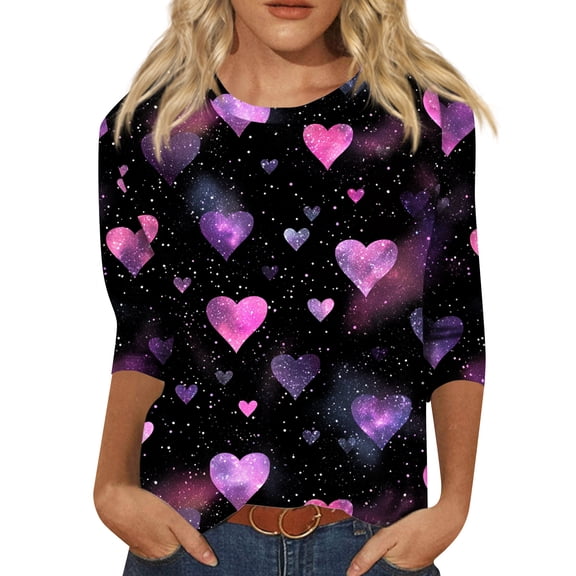 Garbnen Valentine Day Tops for Women 3/4 Sleeve T Shirts for Women Heart Print Crew Neck Dressy Tunic Blouses for Women
