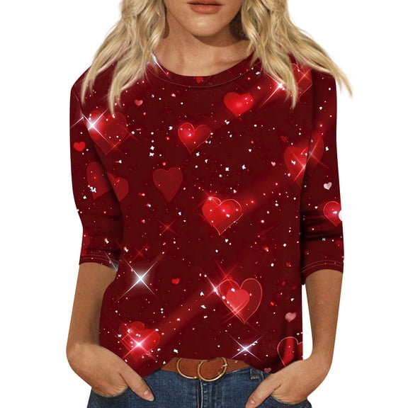 Garbnen Valentine Day Tops for Women 3/4 Sleeve Tops for Women Heart Graphic Crew Neck Dressy Womens Tunic Blouses