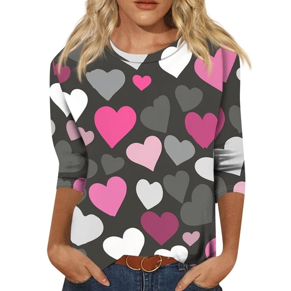 Garbnen Valentine Day Tops for Women 3/4 Sleeve Tops for Women Love Heart Print Crew Neck Dressy Womens Tunic Tops
