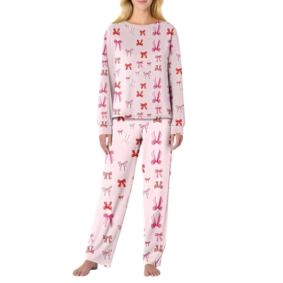 Garbnen Valentine Pajama Set Women Bow Print Crew Neck Long Sleeve Pullover Top Jogger Pants Spring Summer Sleepwear Lounge Sets