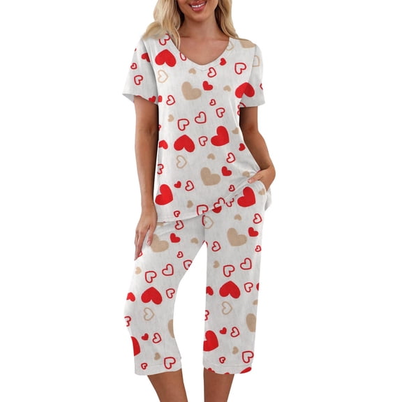 Garbnen Valentine Pajama Set Women V Neck Capri Pants Short Sleeve Top Heart Printed Women's Pajama Sets with Pockets