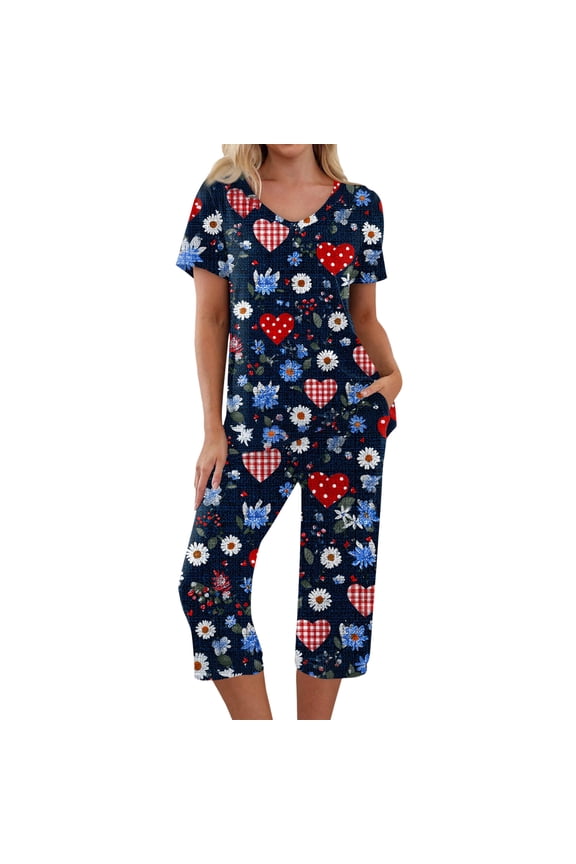 Valentine Pajama Set Women V Neck Short Sleeve Top with Capri Pants Heart Graphic Print Lounge Sets with Pockets
