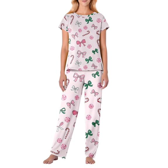 Garbnen Valentine Pajamas for Women Set Bow Print Short Sleeve Crew Neck Pajamas Top and Pants Spring Summer 2 Piece Lounge Sets