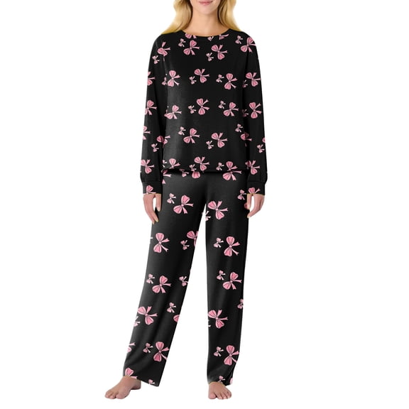 Garbnen Valentine Pj Sets for Woman Bow Print Crew Neck Long Sleeve Sleepwear Top and Pants Spring Summer Sleepwear 2 Pieces Clothes