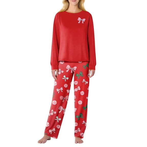 Garbnen Valentine Pj Sets for Woman Bow Print Crew Neck Long Sleeve Top and Long Pants Spring Summer 2 Piece Lounge Sets