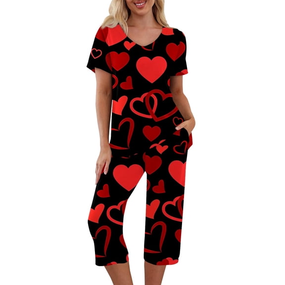 Garbnen Valentine Pj Sets for Woman V Neck Short Sleeve Capri Pants Heart Graphic Pajama Sets for Women 2 Piece with Pockets