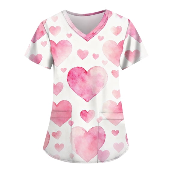 Garbnen Valentine Scrub Love Heart Pattern Short Sleeve V Neck Work Shirts Women Spring Summer Stretch Nursing Uniforms with Pocket