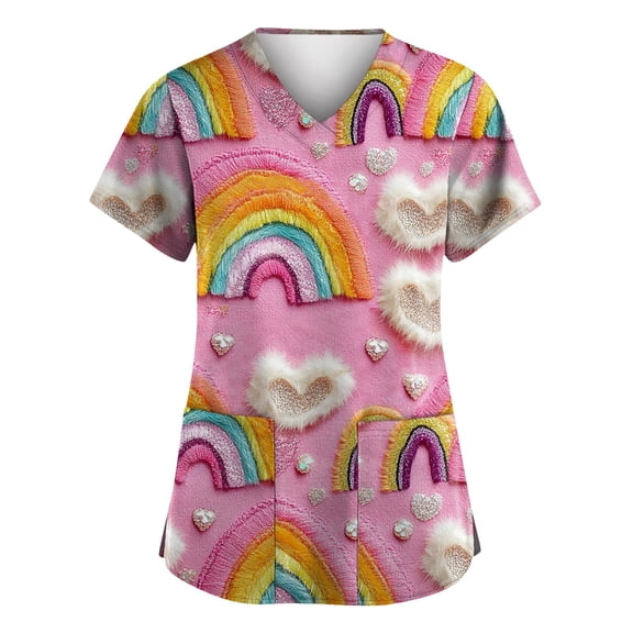 Garbnen Valentine Scrub Top Plus Size Heart Printed Short Sleeve Nursing Scrubs with Pocket Stretch V Neck Womens Tops Work S-5XL