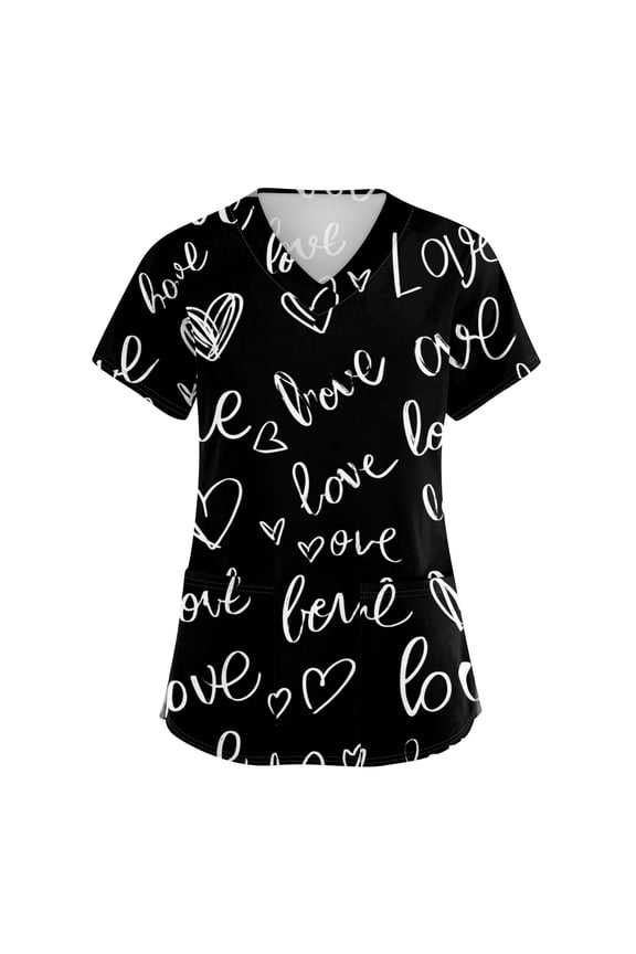 Valentine Scrub Top Plus Size V Neck Heart Pattern Short Sleeve Stretch Nurse Uniform with Pocket Womens Work Shirts S-5XL
