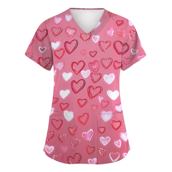 Garbnen Valentine Scrub Top Short Sleeve V Neck Cute Heart Print Scrubs for Women with Pocket Stretch Women Work Tops S-5XL