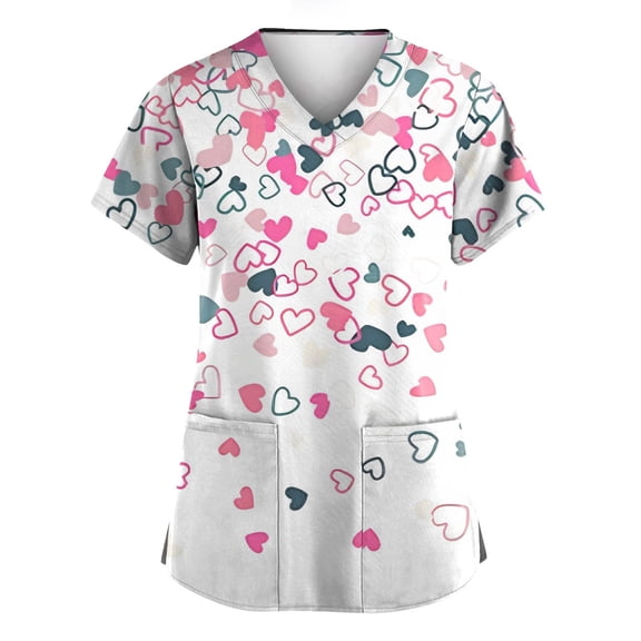 Garbnen Valentine Scrub Tops Love Heart Graphic Nurse Uniform V Neck Short Sleeve Women Work Tops S-5XL with Pocket